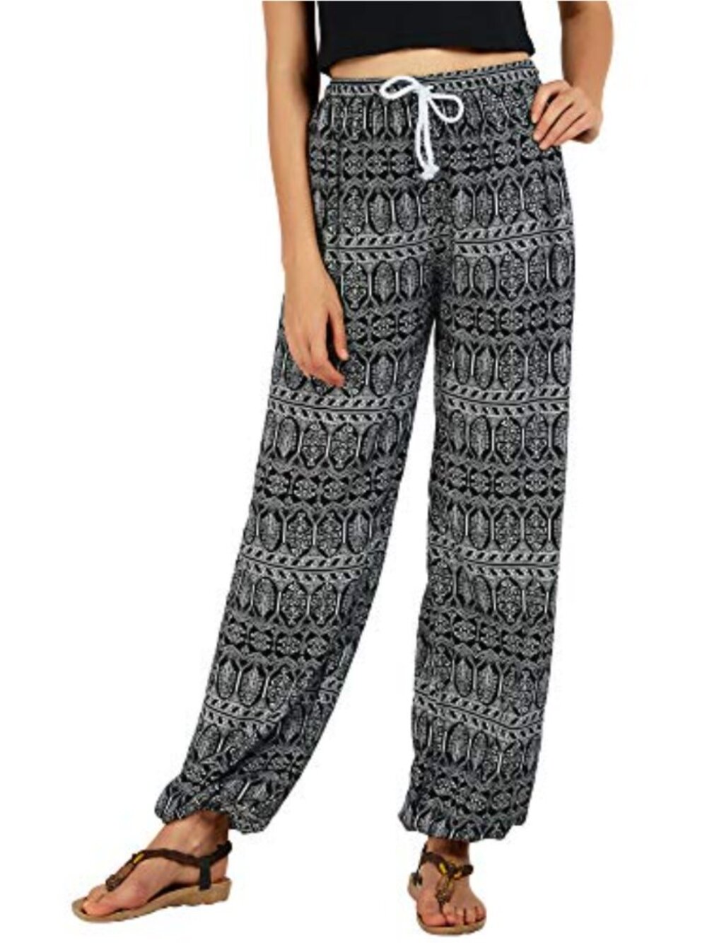 Boho Floral Print Harem Pants with Elastic Cuffs Drawstring Waist